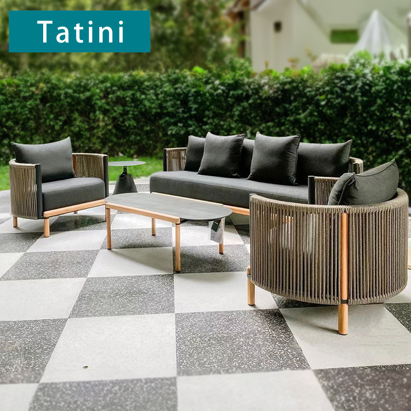 Sofá de madera maciza para exteriores, muebles impermeables y resistentes al sol para jardín o patio, conjunto de sofás de ratán para ocio en villas.