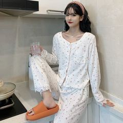 新款春秋季6535棉开衫长袖睡衣女士甜美风气质时尚简约家居服套装