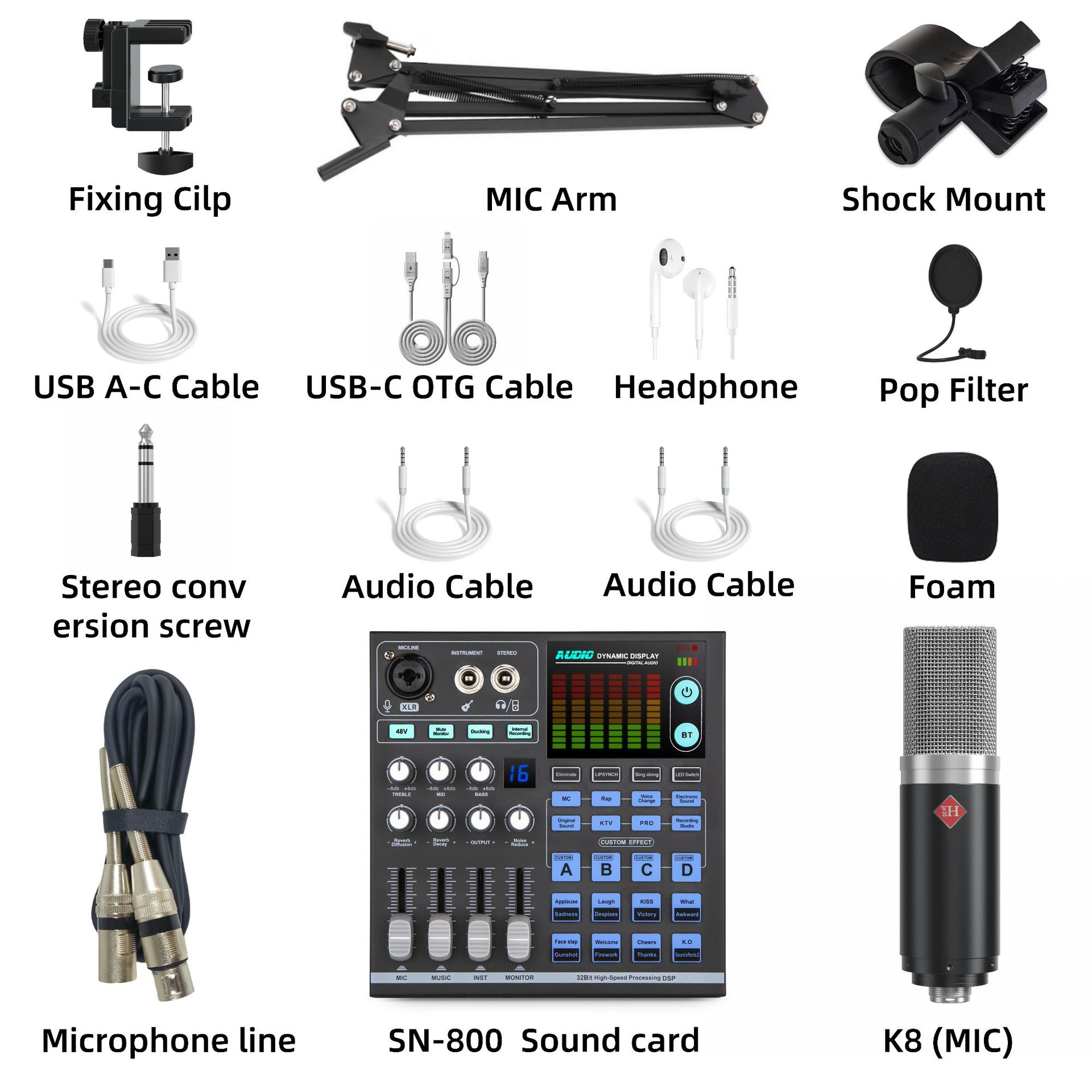 Cross-Border English Tiktok Live Broadcast Sound Card Full Set Singing Special Tuning Reverberation Tuning Equipment Voice Changer