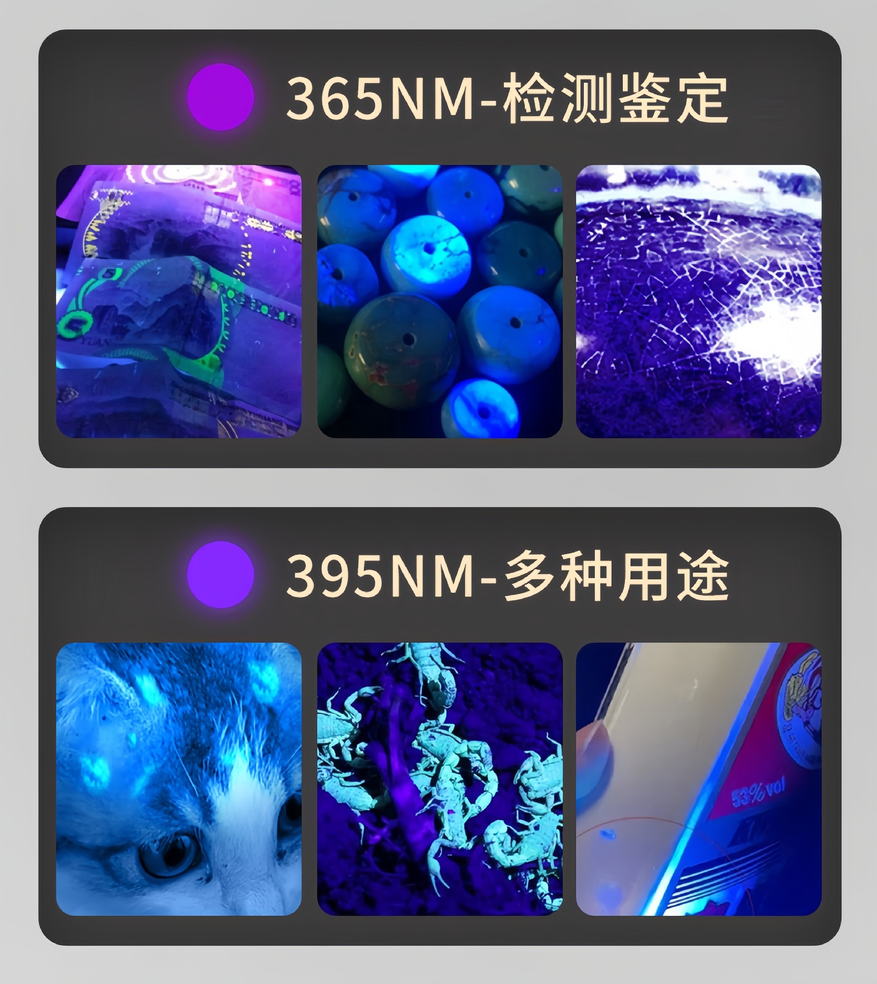 Jade Identification Flashlight Special Strong Light Identification Jewelry Viewing Jade Money Detection Tobacco and Alcohol 365Nm Purple Light