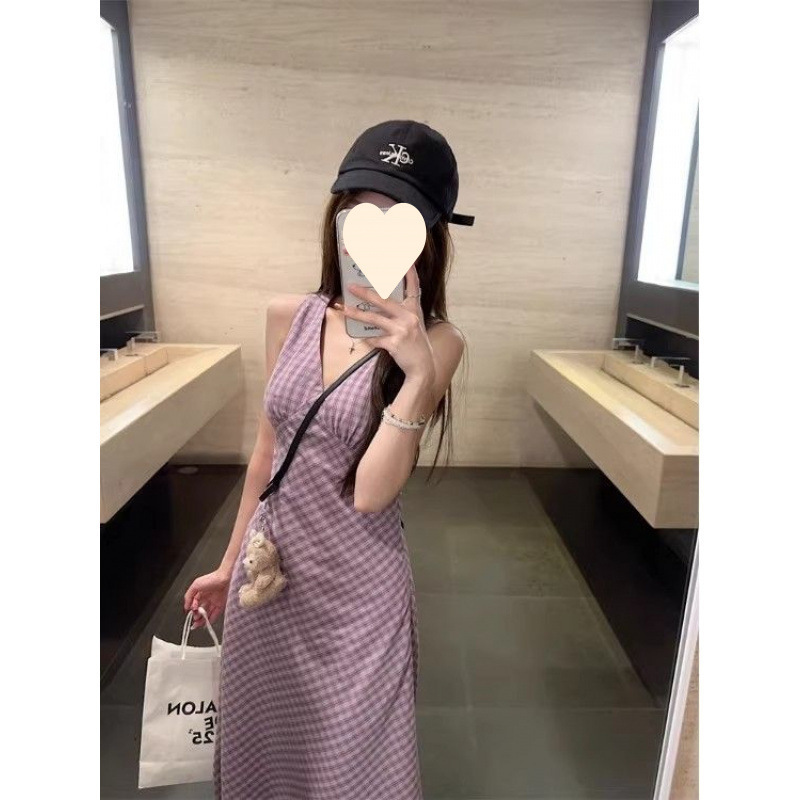 甜辣妹碎花V领无袖连衣裙女2025新款夏季收腰显瘦chic背心裙长裙|undefined