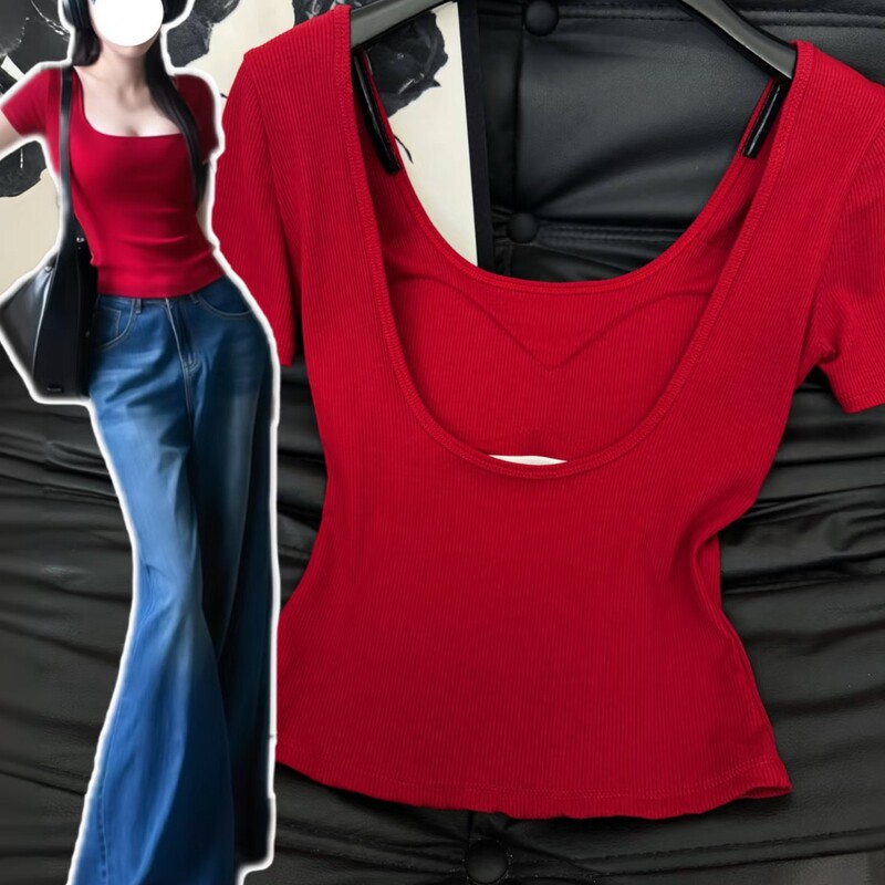 American Sexy Backless Outer Wear Short-Sleeved Right Shoulder T-Shirt Fixed Chest Pad with Non-Slip Strip Large U-Neck Design Versatile Top American Sexy Backless Outer Wear Short-Sleeved Right Shoulder T-Shirt Fixed Chest Pad with Non-Slip Strip Large U-Neck Design Versatile Top