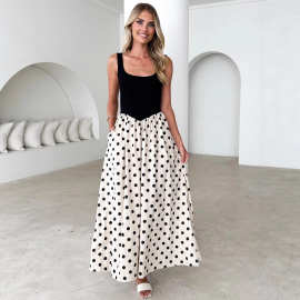 2026欧美跨境亚马逊春夏新款波点印花拼接U领大摆气质背心连衣裙