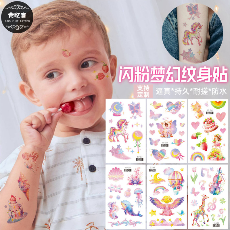 Cross-border supply wholesale glitter children's cute cartoon temporary tattoo stickers face body stickers dream pink