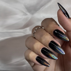 外貿穿戴甲水滴形美甲貼片成品24片可拆卸黑色彩金粉假指甲片