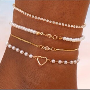 Fashion Europe and the United States cross-border new beach wind zircon imitation pearl heart-shaped anklet 4-piece casual simple multi-layer foot decoration