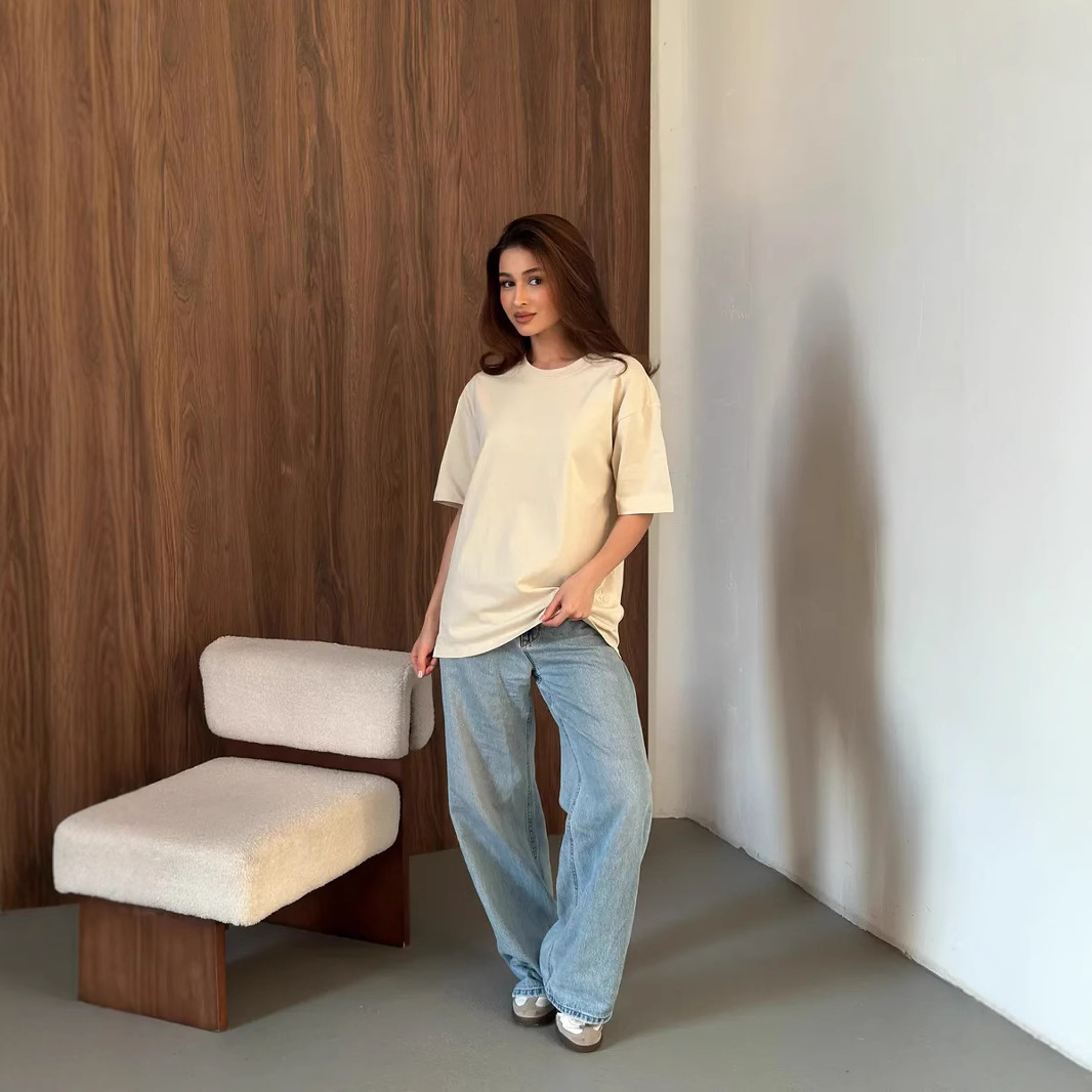 Summer Classic Casual Slimming Look Pure Color Blank 100% Cotton Short-Sleeved T-Shirt Fashionable Loose Stylish Ins Style Top