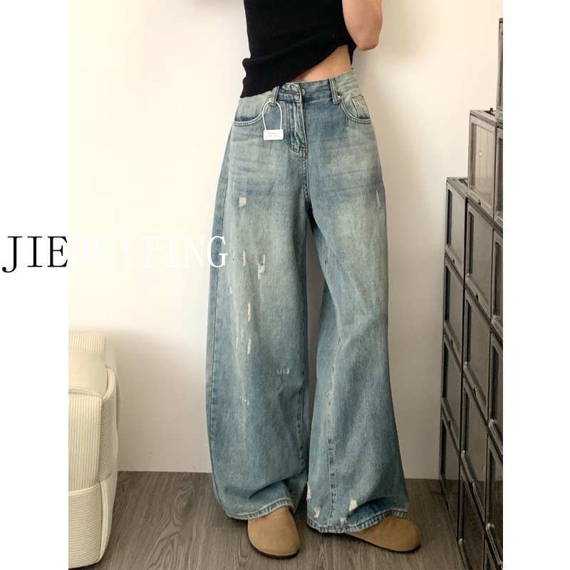 背の高い女性向けのレトロなウォッシュ加工のスクラッチ加工とほつれ加工のジーンズ、ハイウエスト、スリム、ルーズ、ストレート、ワイドレッグ、フロアレングスパンツ|undefined