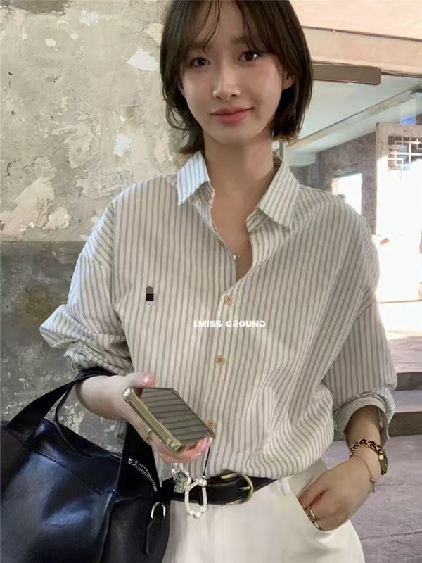 韩系复古刺绣条纹衬衫女秋季宽松长袖衬衣  不退不换|undefined