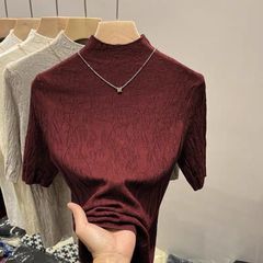 2025年新款套头中袖修身打底女装秋季高级感半高圆领肌理感针织衫