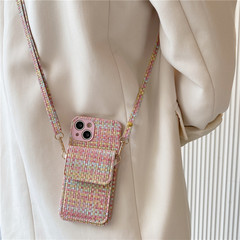 小香風編織紋卡包適用蘋果14pro手機殼斜挎iphone13/14promax背帶