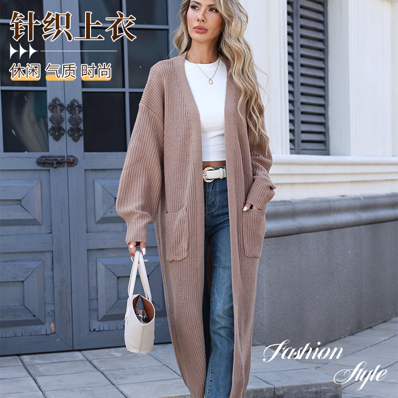 新款保暖长袖针织衫外套 欧美风休闲开衫外衣中长款针织衫秋冬季