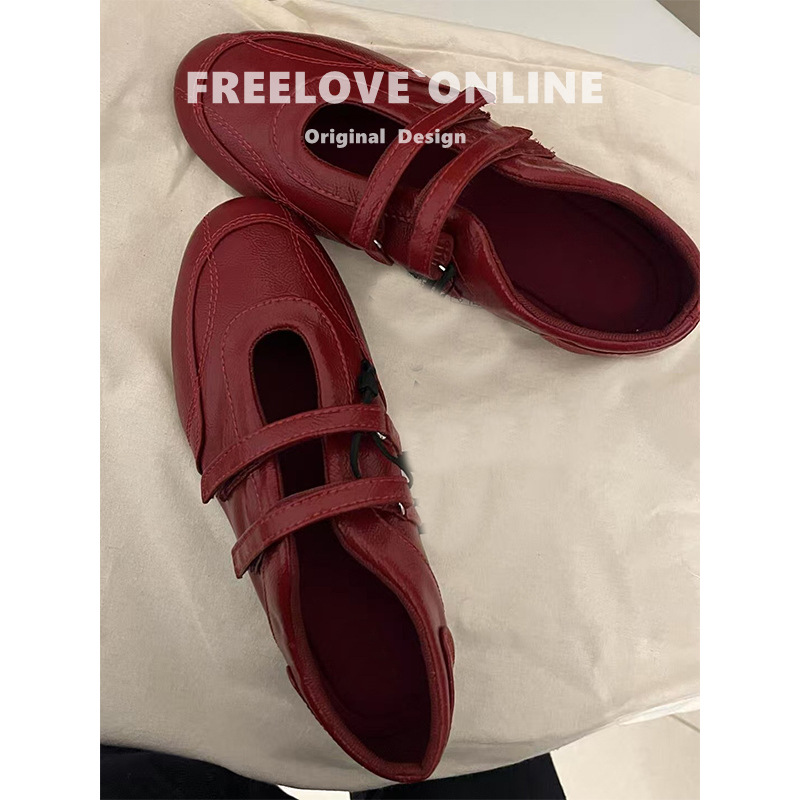 Genuine Leather ~ Invisible Height 5CM Flat Functional Ballet Shoes Women's 2025 Temperament wine red Velcro Shoes