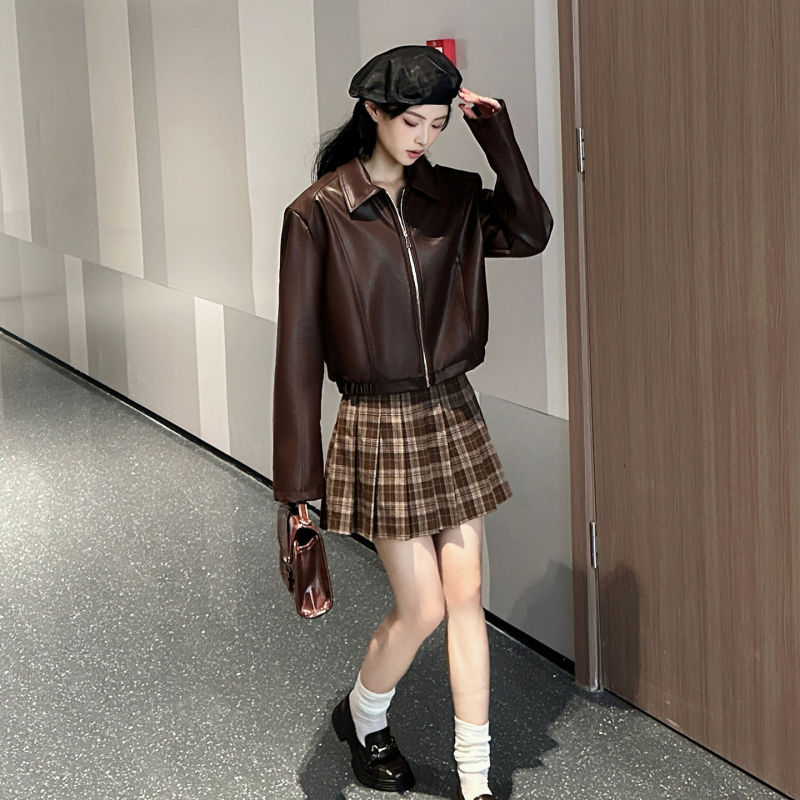 美式复古翻领皮衣外套女春秋学院风小个子pu皮夹克多色机车服上衣|undefined