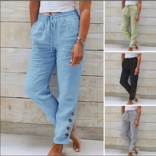 Independent station wish elastic waist pure color cotton linen straight casual buttons trousers women's retro