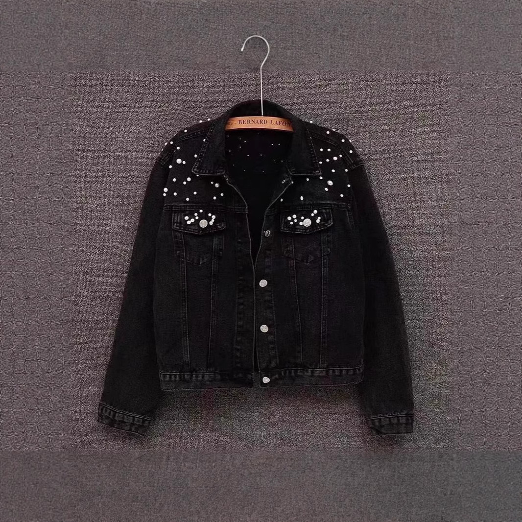 ​​Women's Beaded Denim Jacket – European Slim Fit, Heavy-Duty Stitching (S-5XL, Light Blue & Black)​​_ecoleips.com