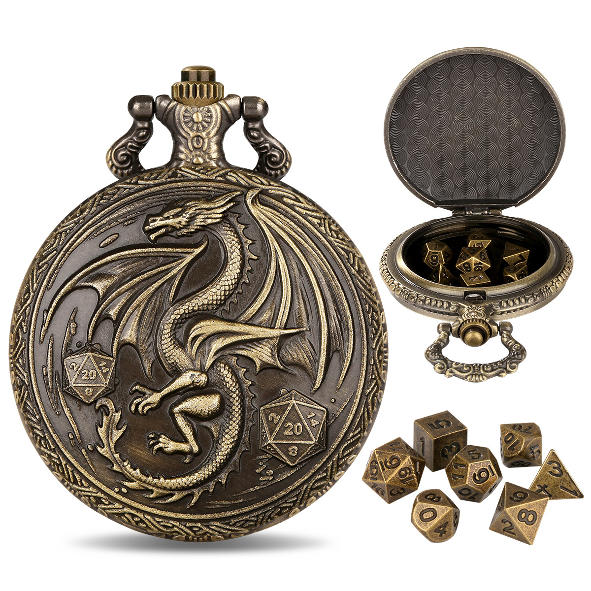 （私模款）DND骰子饰品怀表壳 西方双翼翅膀飞龙雕花腰链一件代发