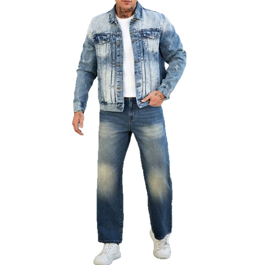 Men's Clothing Heavy Duty Denim Jacket Trendy Brand Pleated Gradient High Street Style Slight Stretch Outerwear_voghion.com