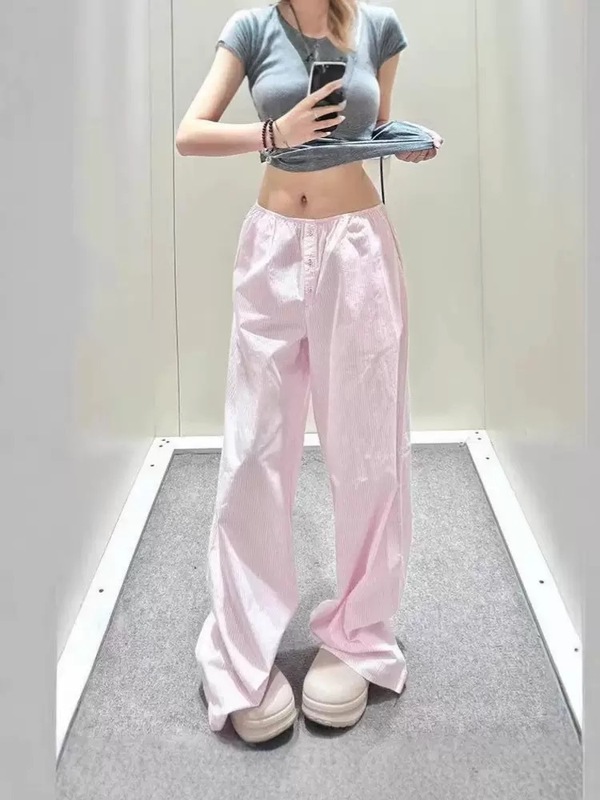 卡戴珊skims粉色条纹阔腿裤睡裤女夏季2025新款宽松休闲外穿长裤|undefined