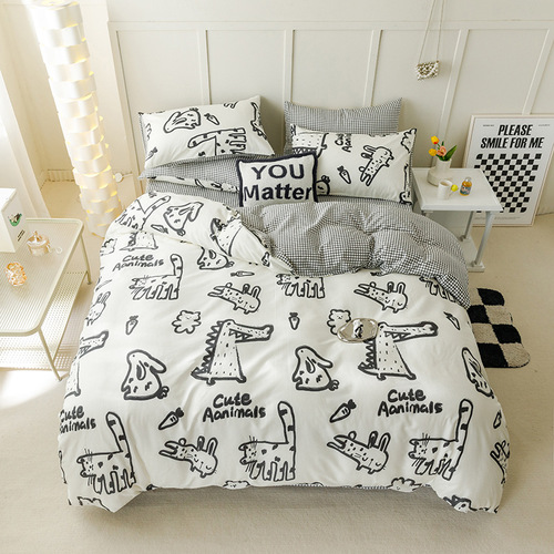 ins black and white graffiti crocodile kitten bed four-piece set pure cotton cartoon 1.5 quilt cover sheet three-piece set