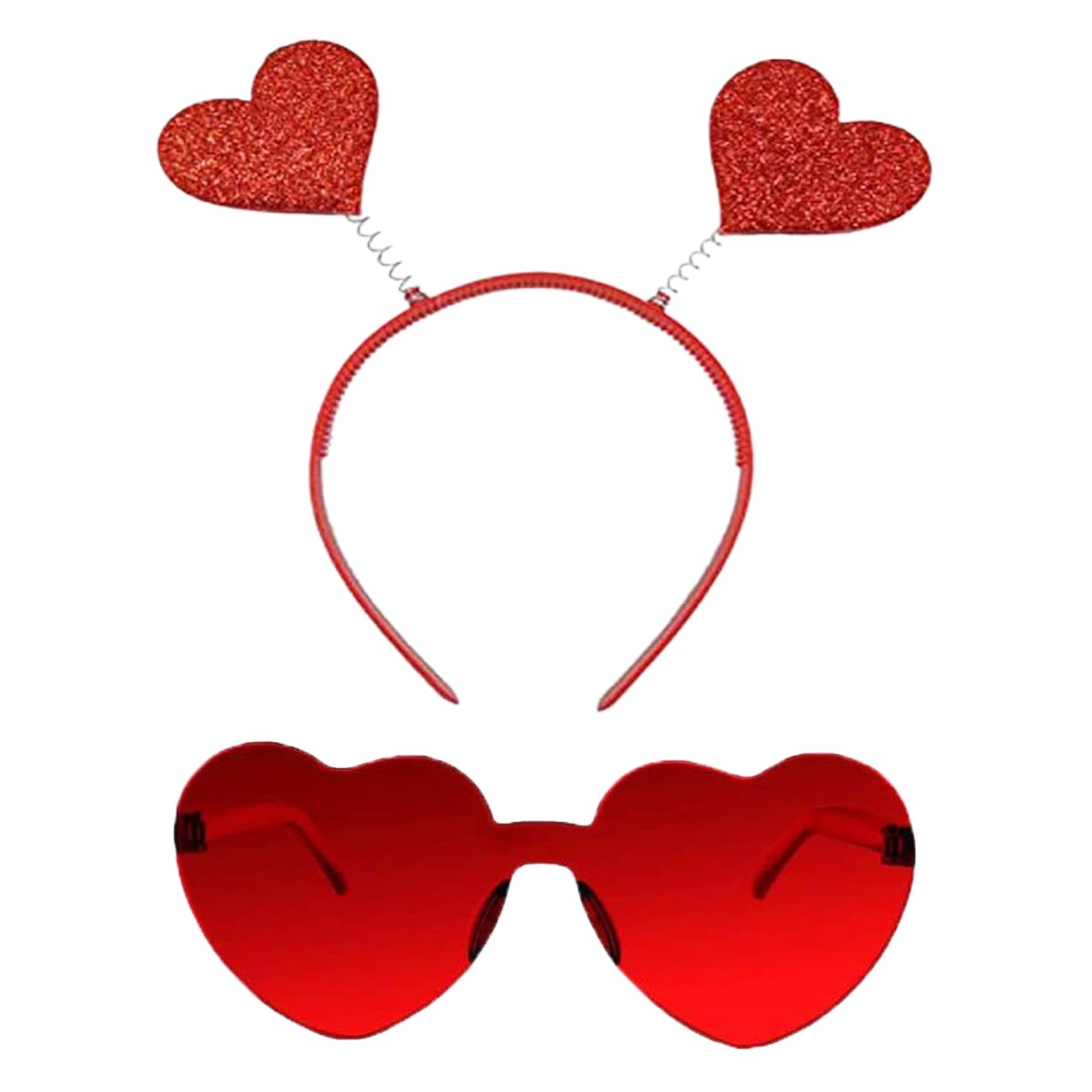 Día de San Valentín en forma de corazón diadema brillo cabeza hebilla gafas rojas en forma de corazón conjunto de dos piezas fiesta melocotón corazón lentejuelas diadema