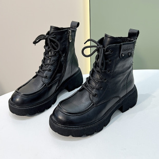 First layer cowhide Martin boots for women autumn and winter retro British style casual short boots round toe mid-calf leather boots thick heel platform