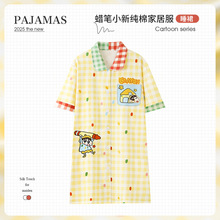 可爱卡通蜡笔小新格子睡裙睡衣女夏纯棉薄款短袖睡衣裙甜美家居裙