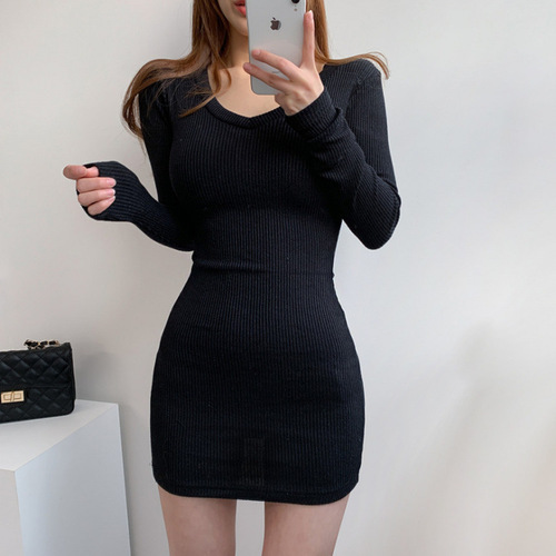 Pure desire style all-matching elastic slim collar dress for women in spring and autumn new style temperament long-sleeved inner package hip skirt