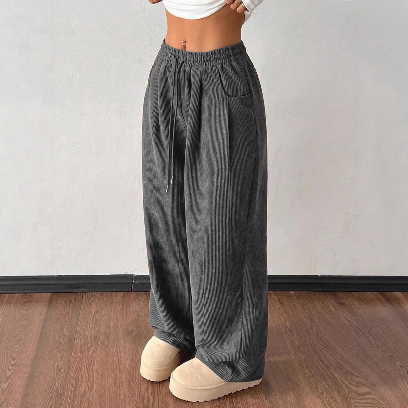 2026 European and American Cross-Border Women's Spring and Autumn Casual Corduroy Straight Loose Fit Solid Color Versatile Casual Pants Black
