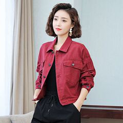 网红短款牛仔外套女2025年春款女装潮韩版宽松BF休闲红色工装上衣