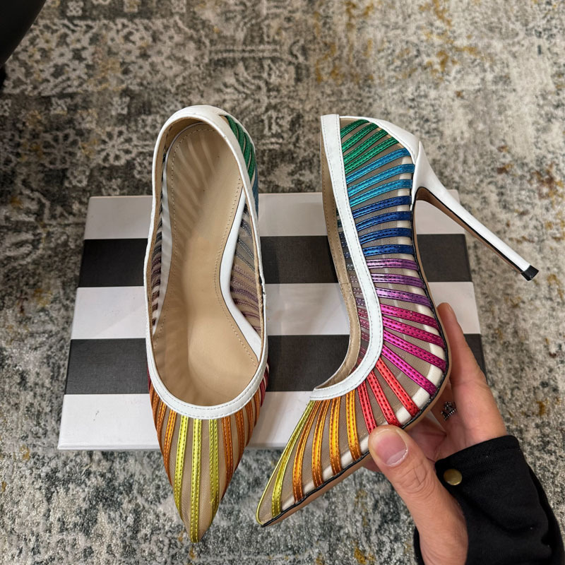 2026 New Model Rainbow Striped Mesh High Heels with White Trim, Pointed Toe, Thin Heel, Shallow Mouth, Women's Single Shoes, Hot-Selling Style