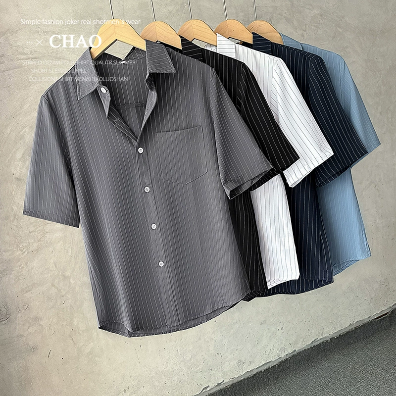 Черная полосатая рубашка с короткими рукавами для мужчин высокого уровня против морщин