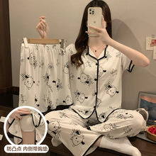 春夏季新款带胸垫睡衣女夏开衫短袖长裤可爱风三件套家居服可外穿
