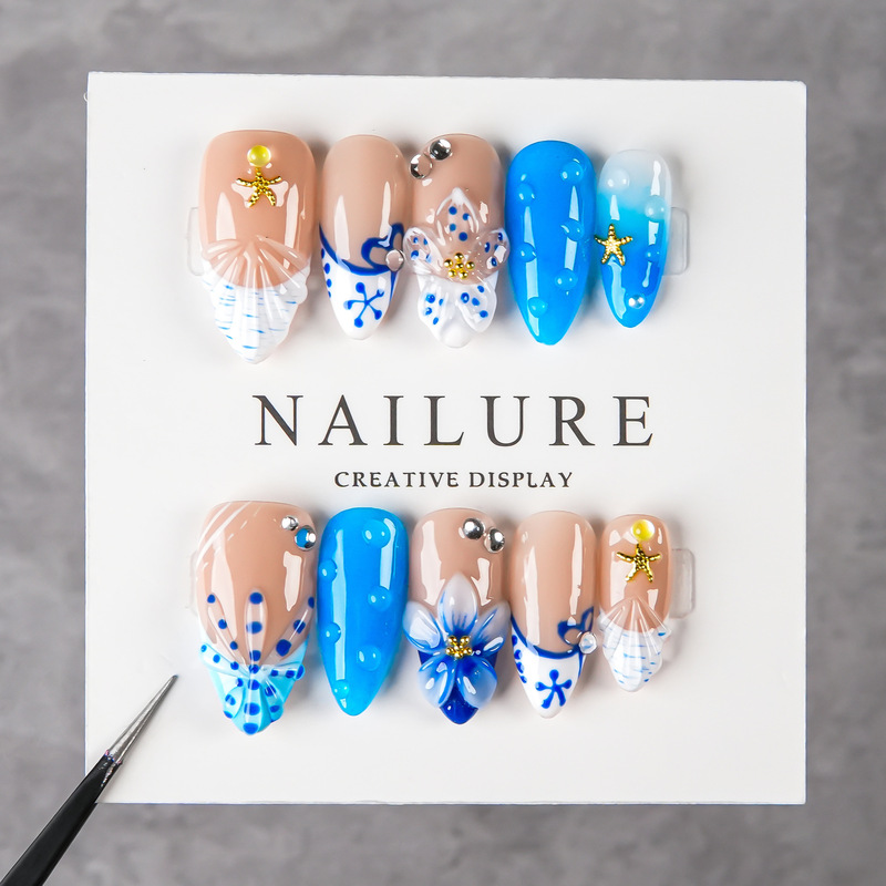 European and American Style Pure Handmade Wearable Nails with 3D Carved Flower Designs, Summer Ocean Style Almond Nails, Detachable Nail Art