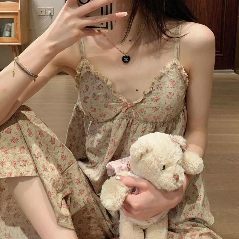 女性用胸パッド付きパジャマ、夏スタイル、甘くてかわいい純綿サスペンダーホーム服、夏の半袖ズボン、サマースーツ|undefined