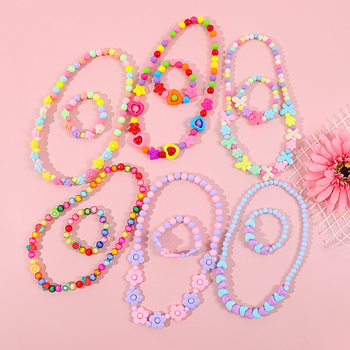 Children's Beaded Flower Bracelet, Colorful Acrylic Flower Necklace, Girl's Children Jewelry Set