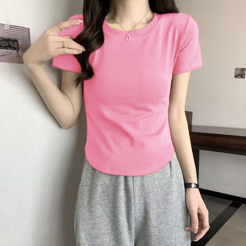 Threaded Cotton Short-sleeved Front Shoulder Crew Neck Solid Color T-shirt Women's Summer Hem Irregular Slim Versatile Top Basic_ecoleips.com