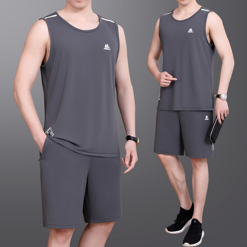 Middle-Aged and Elderly Men's Dad's Summer Casual Ice Silk Sleeveless Vest Shorts Two-Piece Sportswear Suit
