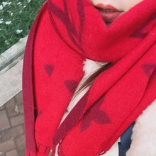 双面羊绒围巾黑灰色霍思燕同款女老花字母流苏大红色羊毛披肩围脖