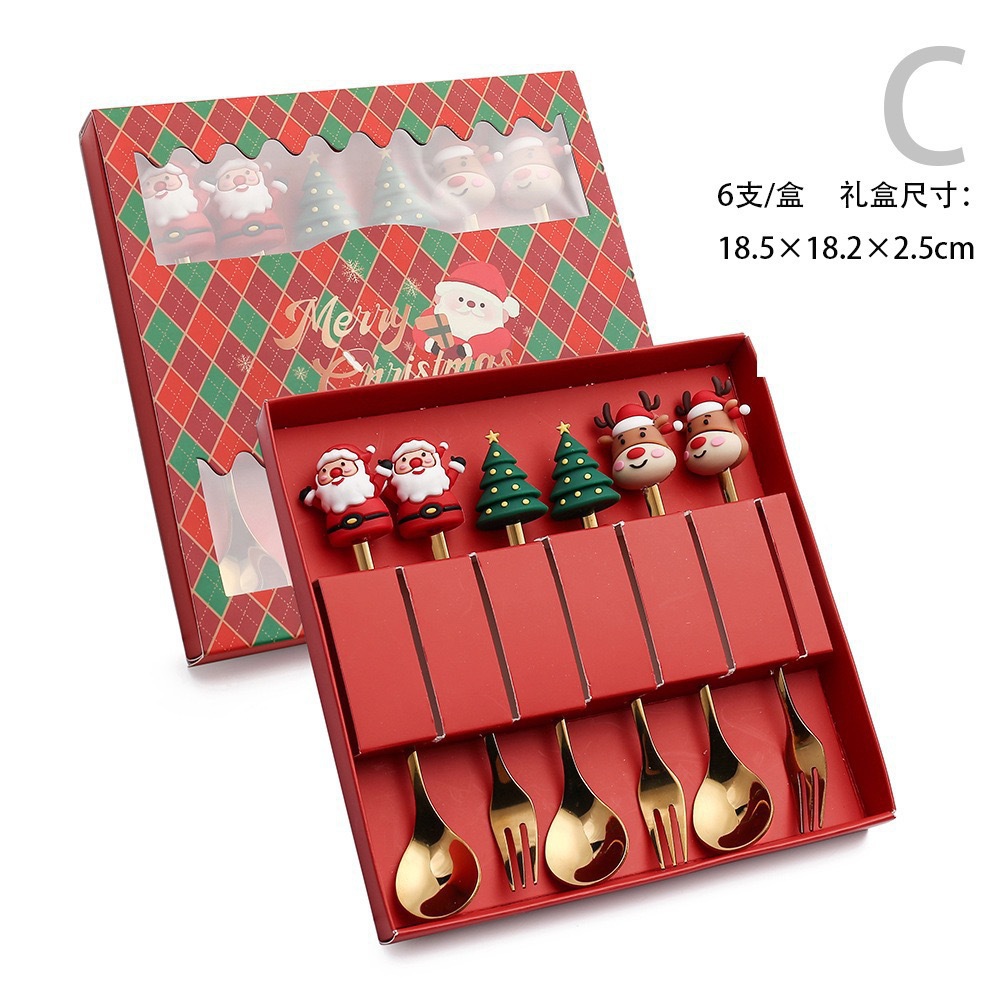 Cuchara de acero inoxidable creativa árbol de Navidad café tartar postre horquilla de fruta muñeca cuchara horquilla cubierta set de regalo