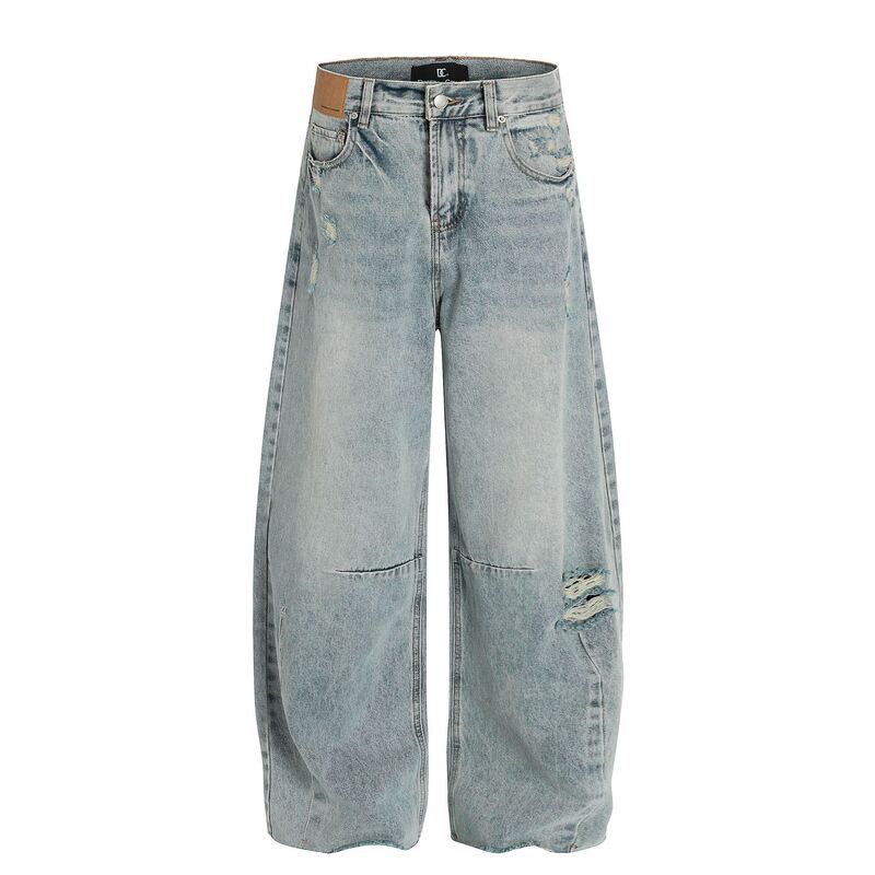 G6691 American Street High-end Wash Blue Vintage Abrasive Design Men's Loose Casual Scimitar Jeans