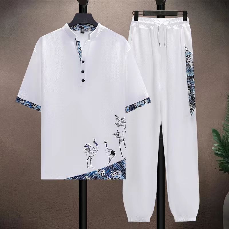 Men's Clothing Ice silk suit men's summer thin Tang suit short sleeve casual large size style men's loose Hanfu suit_voghion.com