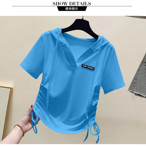 Ice Silk Hooded Short Sleeve T-shirt Women's New Summer Fashion Versatile Asymmetrical Drawstring Short Top Underwear