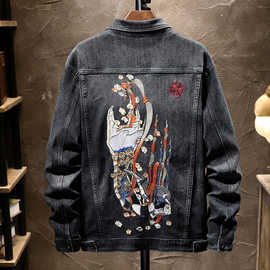 2026秋冬新款刺绣牛仔外套男网红绣花黑色弹力上衣国潮中国风夹克