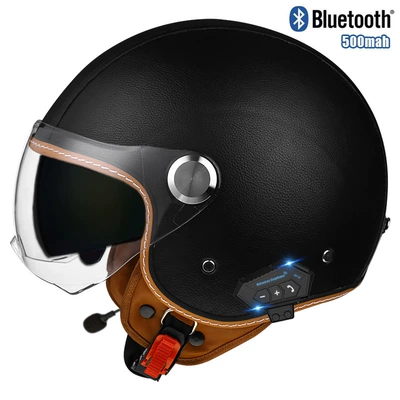 bluetooth helmet electric car half, Motosiklet kaskı (dəbilqə) - lychee-pattern-black-short-outside-and-tea-insidebluetooth-m