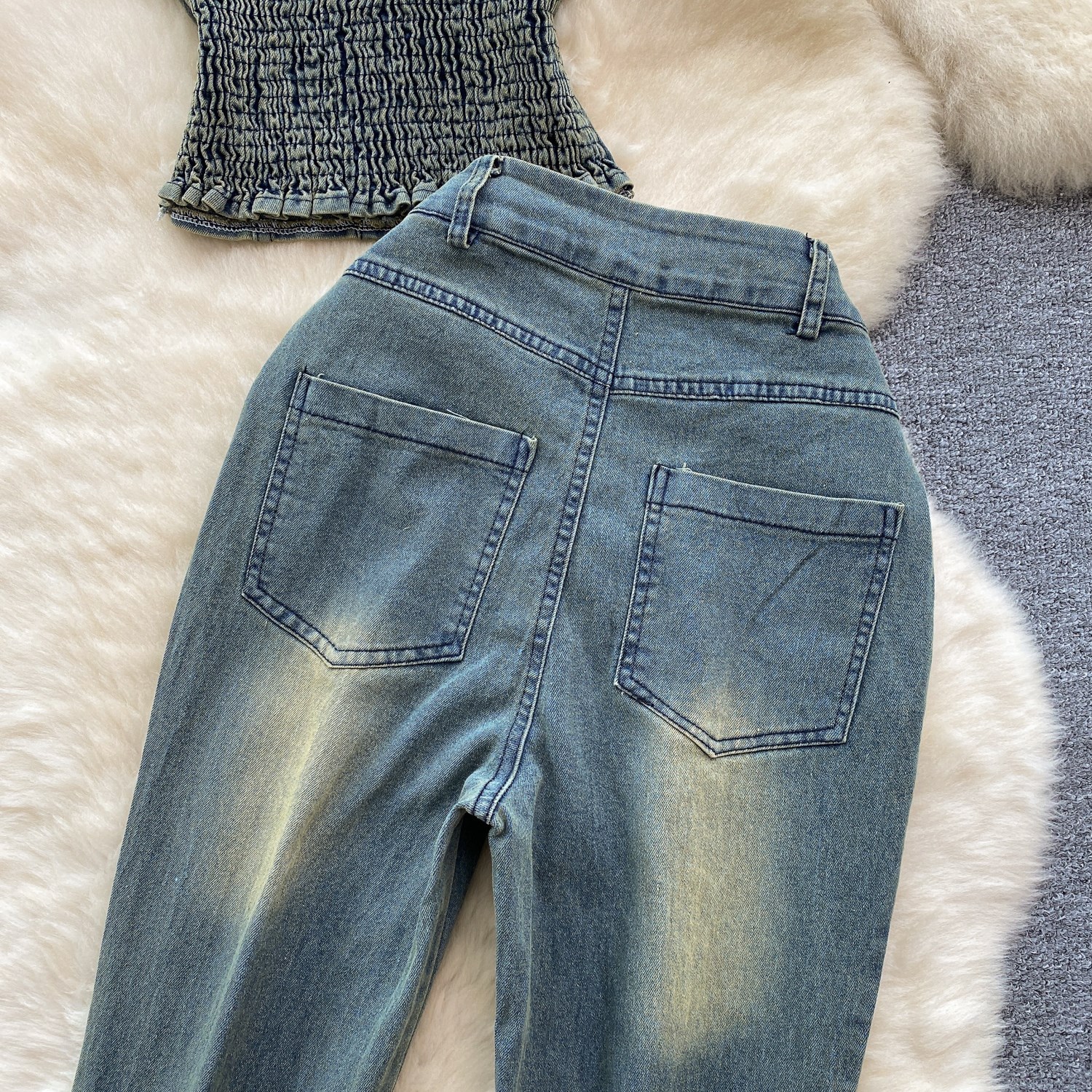 Women's Slimming Beaded Denim Suit Sexy Strapless Top High Waist Slightly Flared Length Retro American Two-Piece Outfit_ecoleips.com