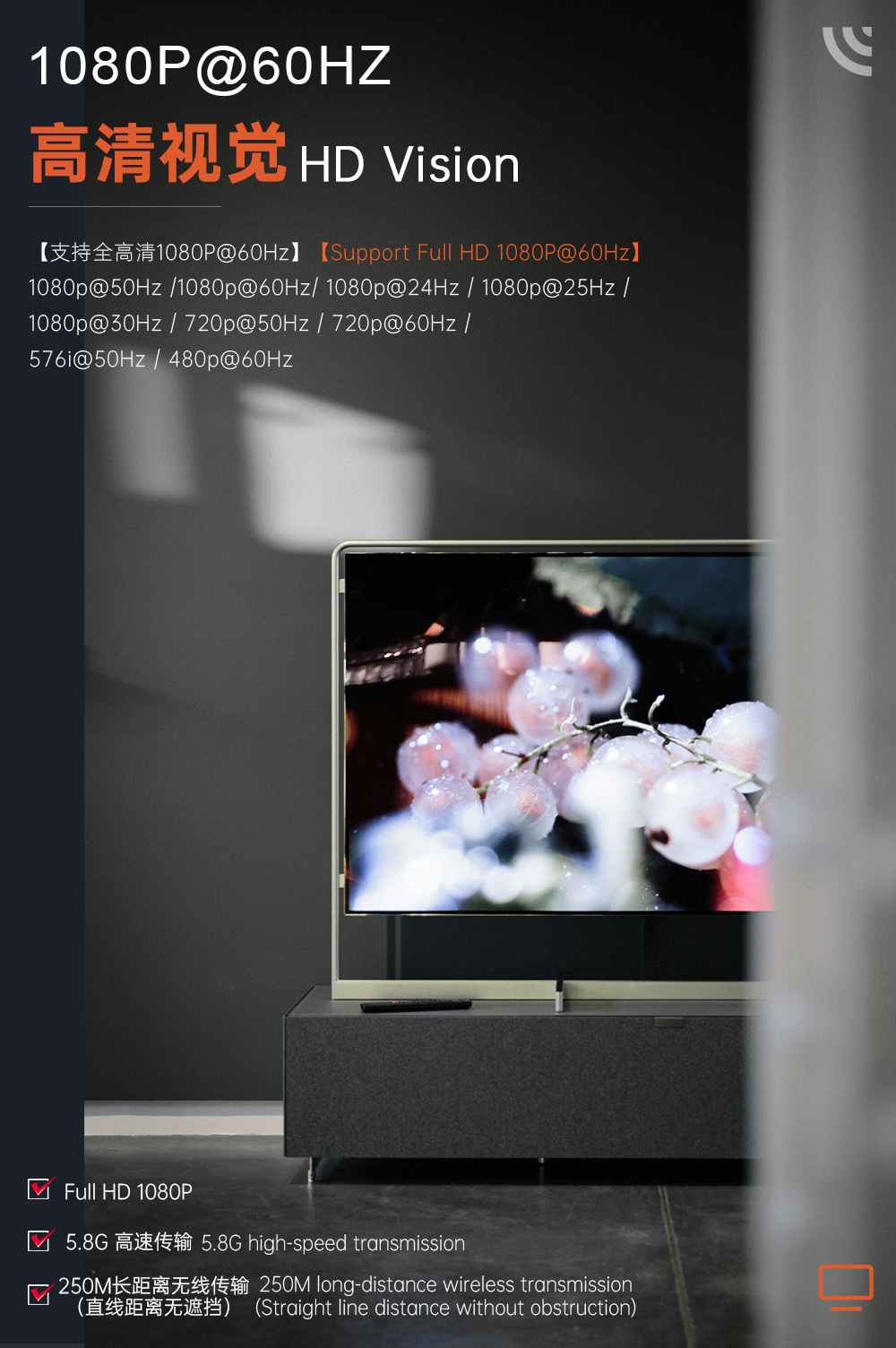 Kablosuz HDMI Ekran Yansıtma Cihazı Yüksek Çözünürlüklü Ses İletim Uzatıcı 250 Metre Kablosuz Görüntü Aktarım Desteği Bir Verici Dört Alıcı