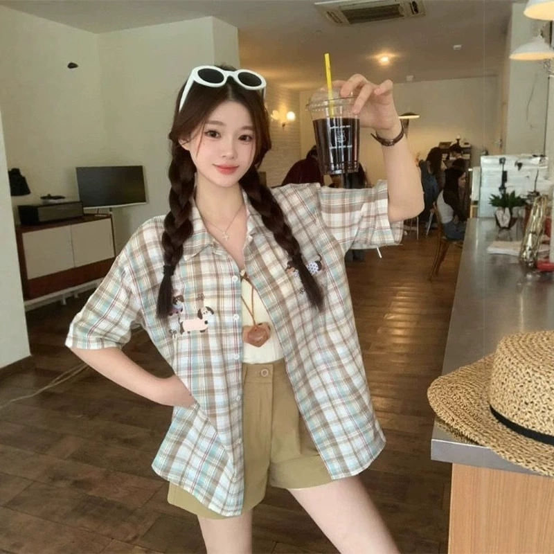 Новое летнее забавное полотенце для щенков в американском стиле, клетчатая рубашка с короткими рукавами и вышивкой, женская свободная повседневная рубашка, уникальный топ