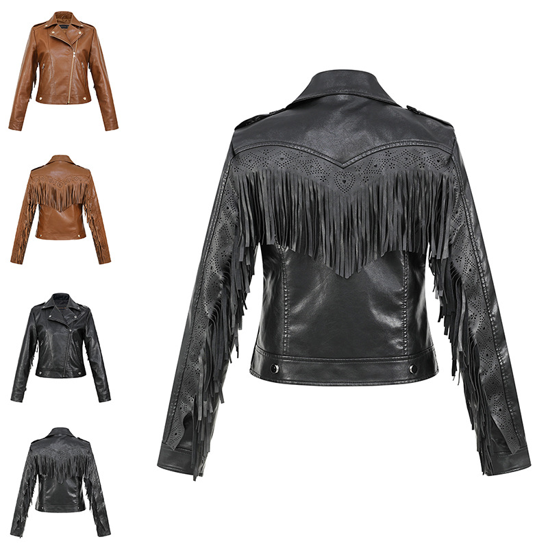 Women's clothing wholesale female PU tassel leather slim fit short tassel zipper lapel rivet European and American locomotive commuter European and American