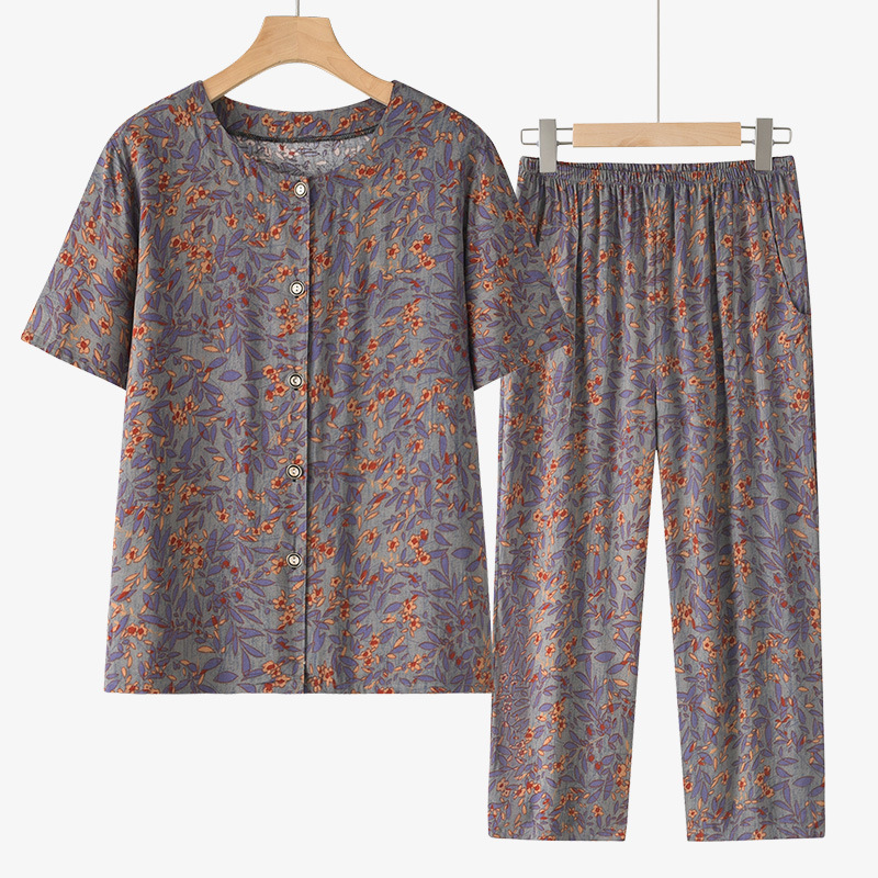 Grandma's Summer Short-Sleeved Suit Cotton Silk Shirt for Middle-Aged and Elderly Women, Mom's Summer Casual Pajamas Set, Home Clothes